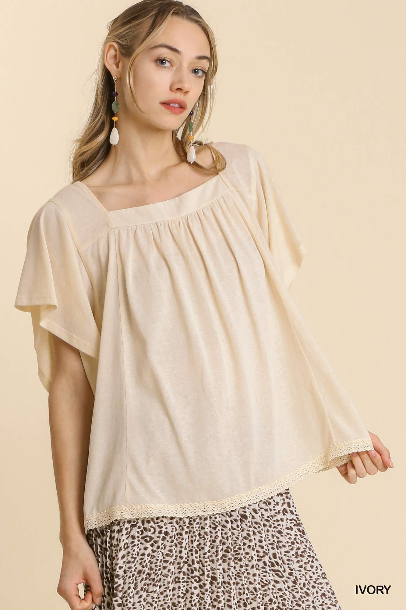 Square Neck Wide Sleeve Top with Knit Hem Detail and Back Tie image 0