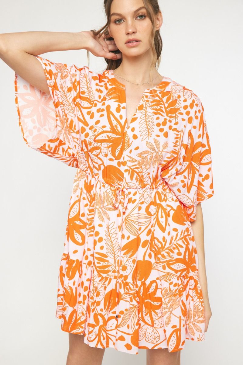 Orange Floral print v-neck 1/2 sleeve mini dress image 0