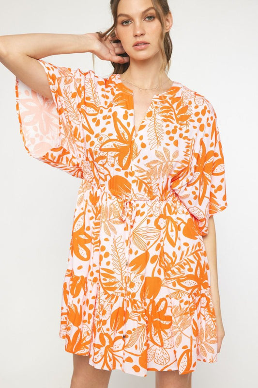 Orange Floral print v-neck 1/2 sleeve mini dress image 0