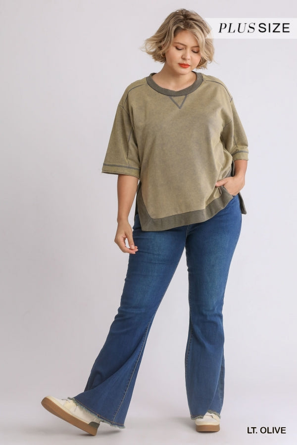 Lt Olive Mineral Wash Crew Neck 3/4 Sleeve Top with Side Splits image 1