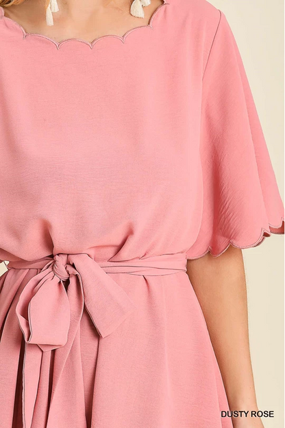 Bell Sleeve Scalloped Round Neck Dress with Waist Tie and Scalloped Hem & No Lin image 2