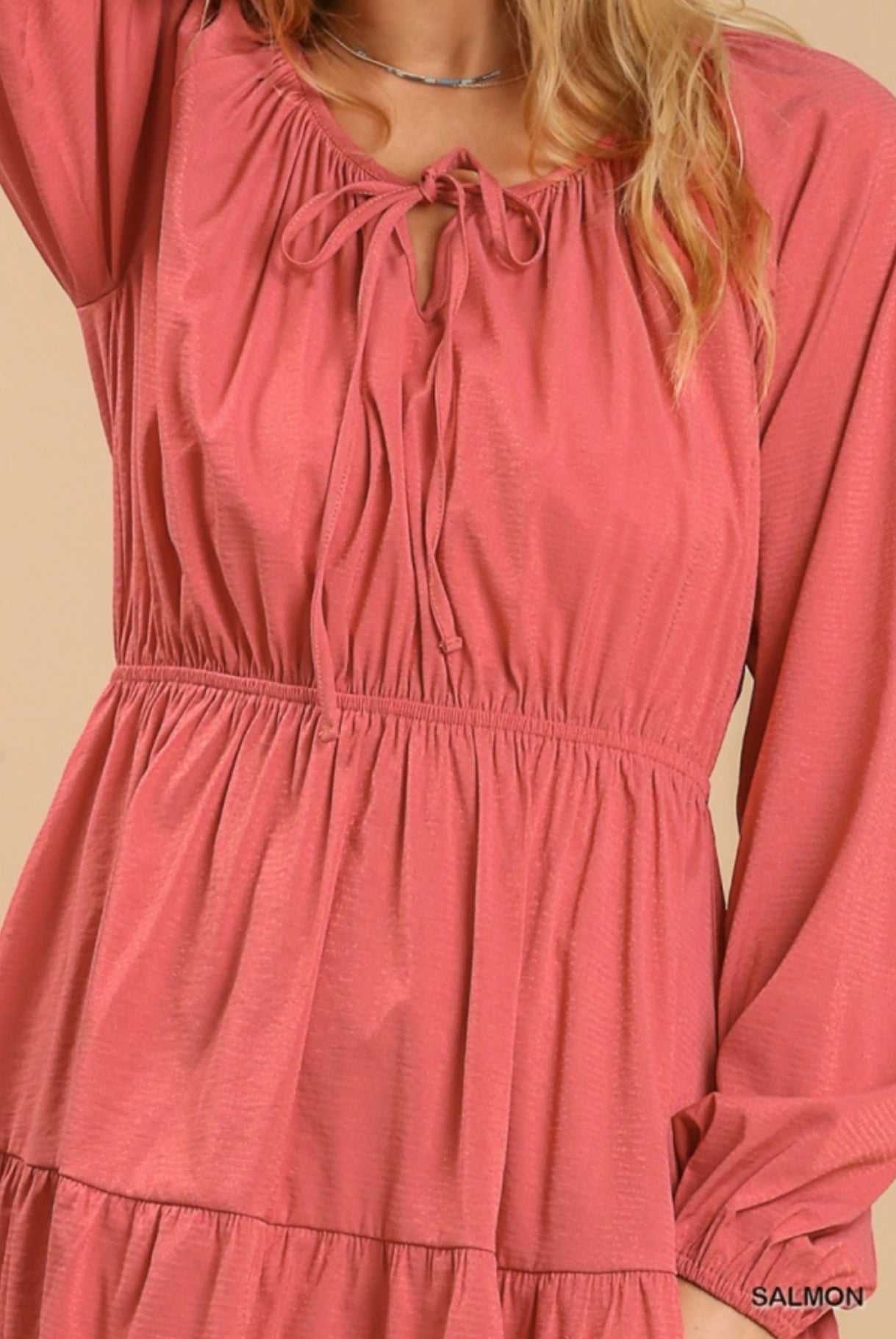 Salmon Eyelet Detail Tiered Dress 3/4 Sleeves with No Lining image 3