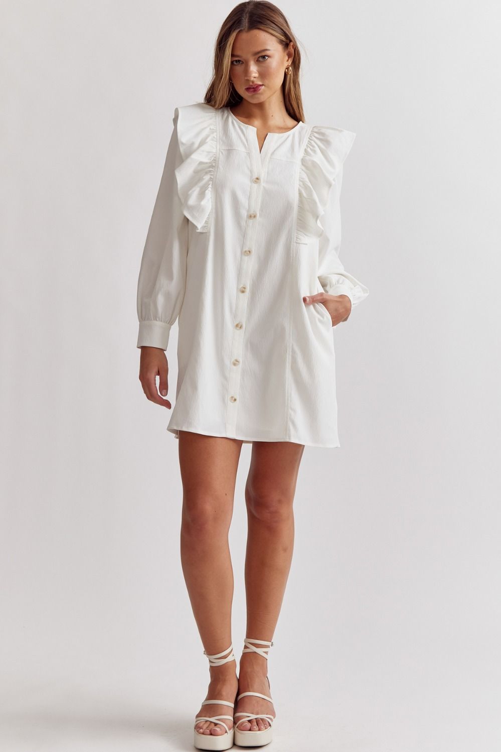 White v-neck button front long sleeve mini dress image 4