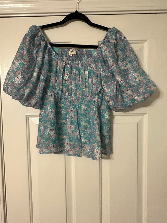 Blue floral print puff sleeve, square neck top   image 0