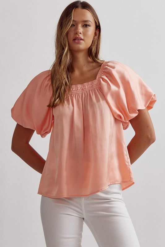 Peach satin square neck bubble sleeve top image 0