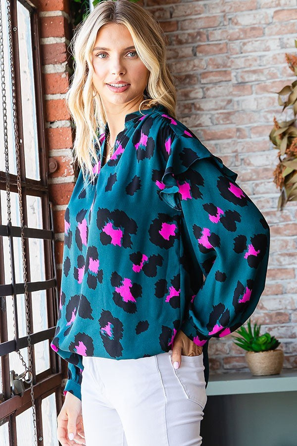 Leopard Print Split Neck Long Sleeve Blouse image 7