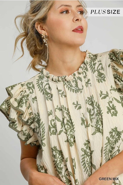 (W) Green Mix Paisley Print Tiered Mini Dress image 3