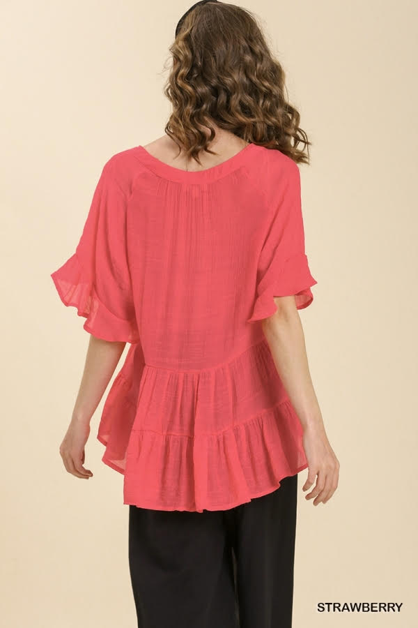 Mandarin Collar Split Neck Bell Ruffle Sleeve Tiered Top image 3