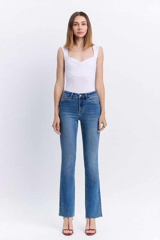 High rise clean cut raw hem bootcut jeans image 1