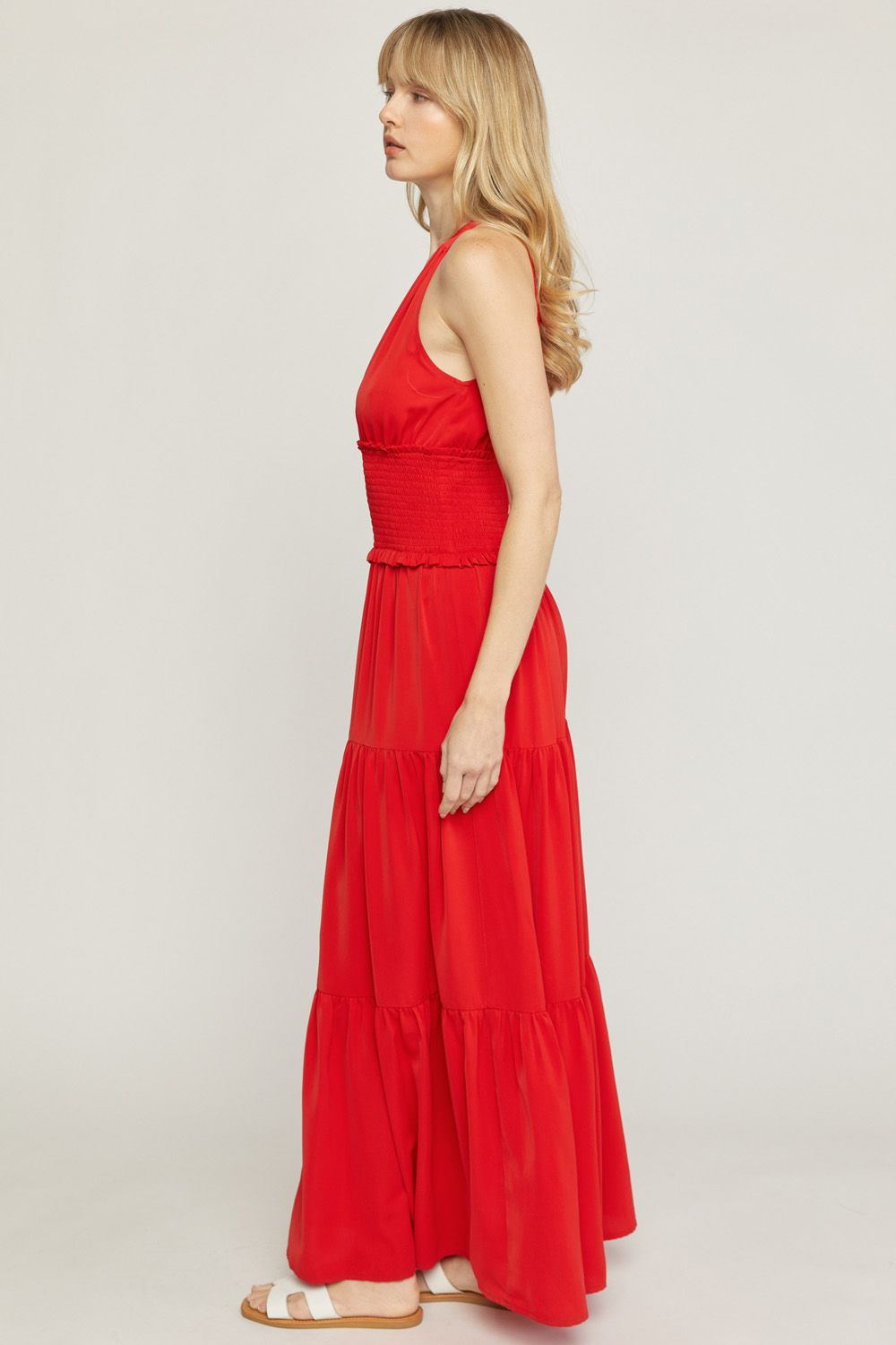 Red solid v-neck sleeveless tiered maxi dress image 2