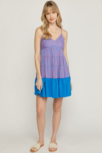 Gingham print v-neck spaghetti strap tiered mini dress  image 4