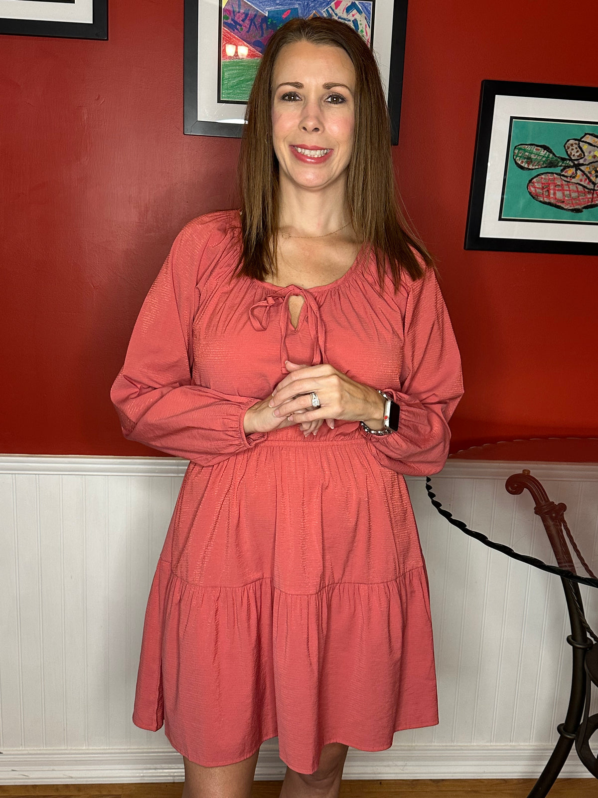 Salmon Tiered Dress 3/4 Sleeves