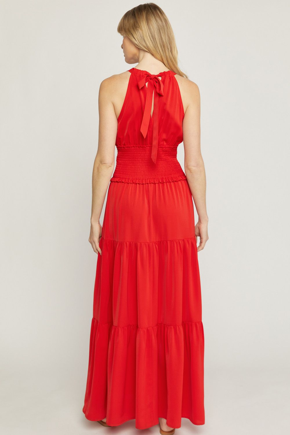 Red solid v-neck sleeveless tiered maxi dress image 3