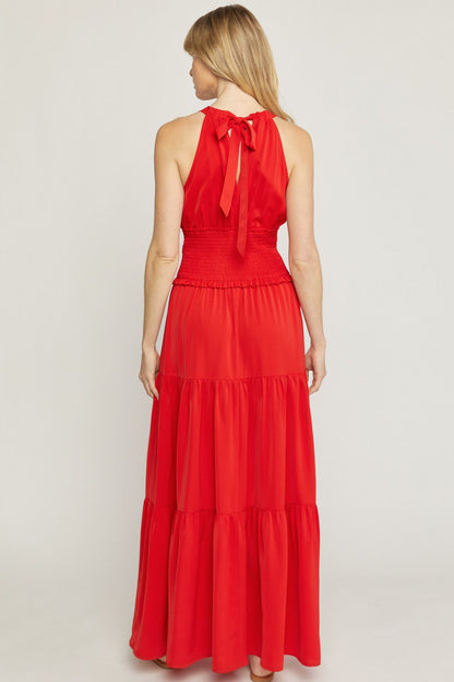 Red solid v-neck sleeveless tiered maxi dress image 3