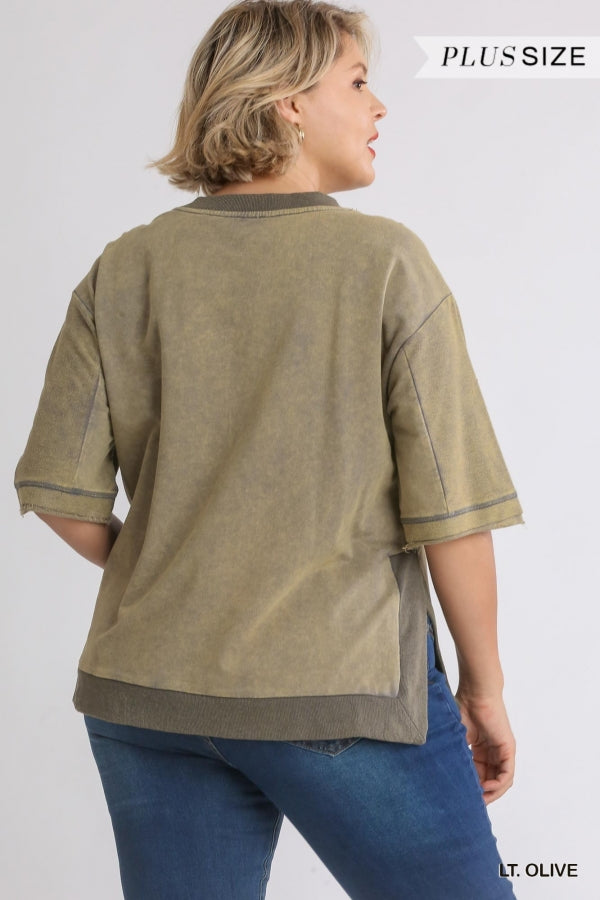 Lt Olive Mineral Wash Crew Neck 3/4 Sleeve Top with Side Splits image 4