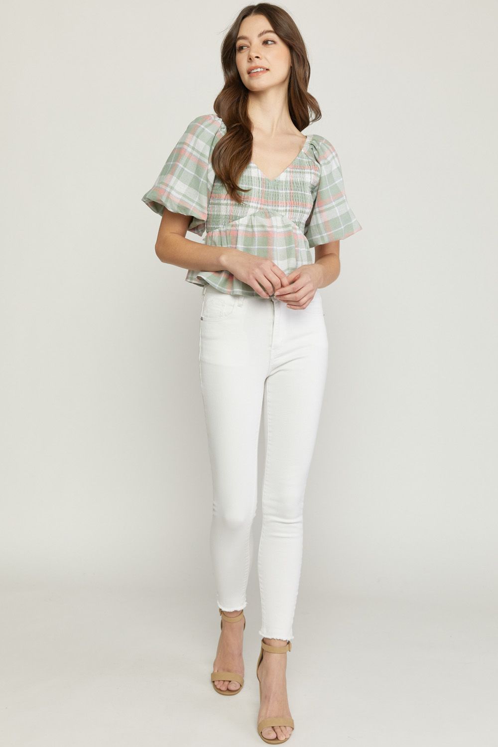 Sage plaid print v neck bubble sleeve peplum top image 4