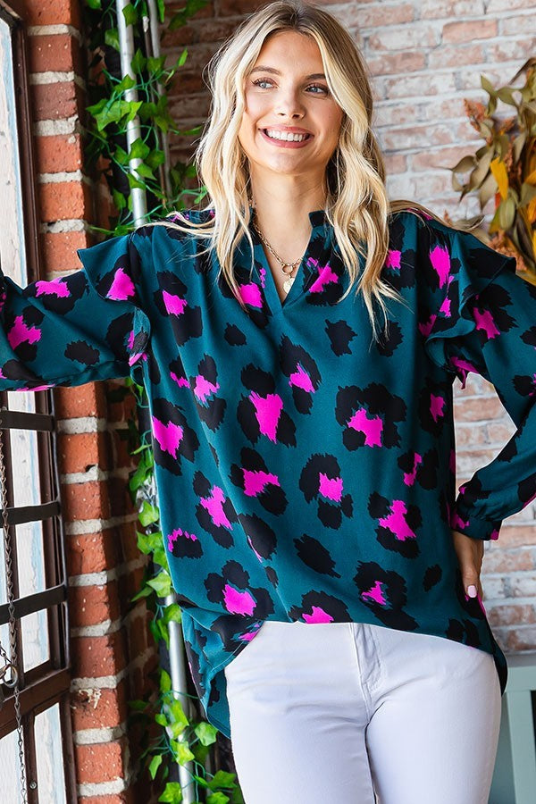 Leopard Print Split Neck Long Sleeve Blouse image 0