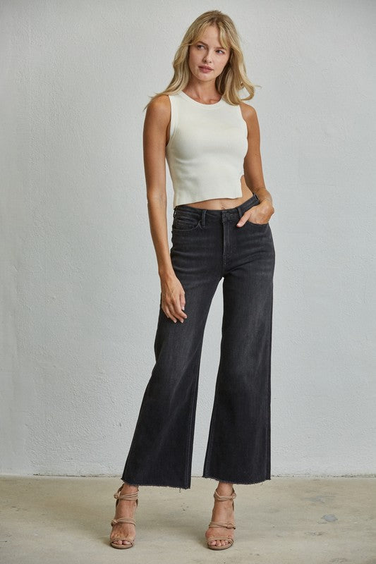 Black Mica Denim Stretch Super High Rise Wide Leg