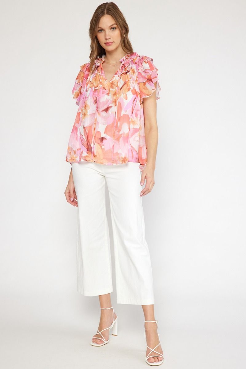 Floral print v-neck ruffle sleeve top featuring self tie at front neck. image 4