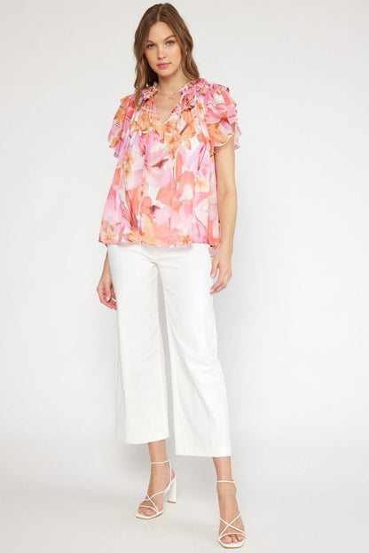 Floral print v-neck ruffle sleeve top featuring self tie at front neck. image 4
