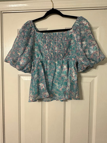Blue floral print puff sleeve, square neck top   image 1