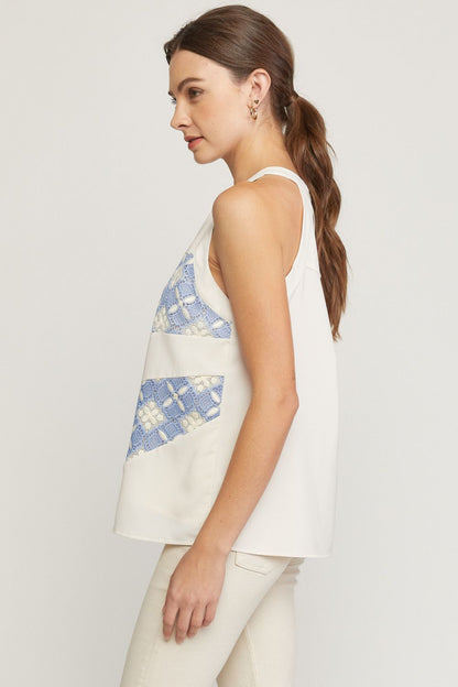 Solid halter neck sleeveless top featuring crochet detail at front. image 2