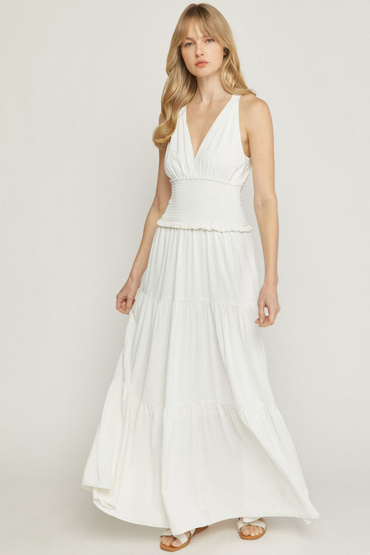 White solid v-neck sleeveless tiered maxi dress image 0
