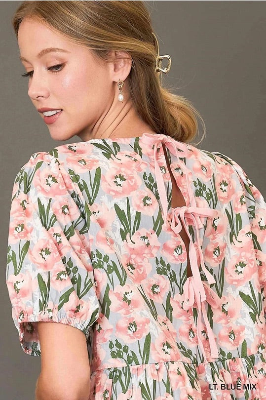 Floral Print Peplum Top with Back Ribbon Details image 1