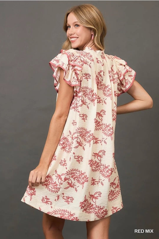 Red Mix Paisley Print Tiered Mini Dress image 4