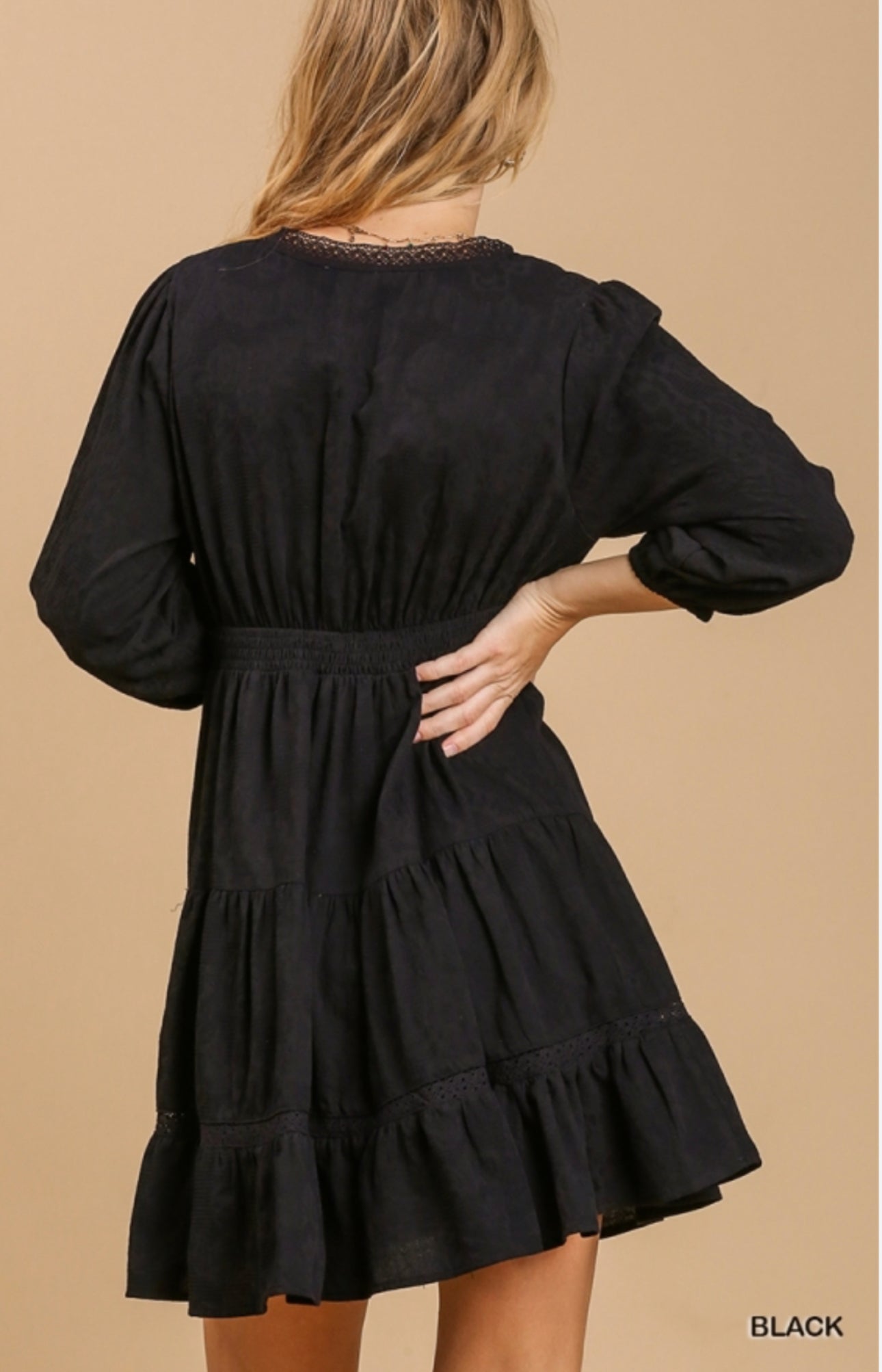 Black Eyelet Detail Tiered Dress 3/4 Sleeves with No Lining image 4