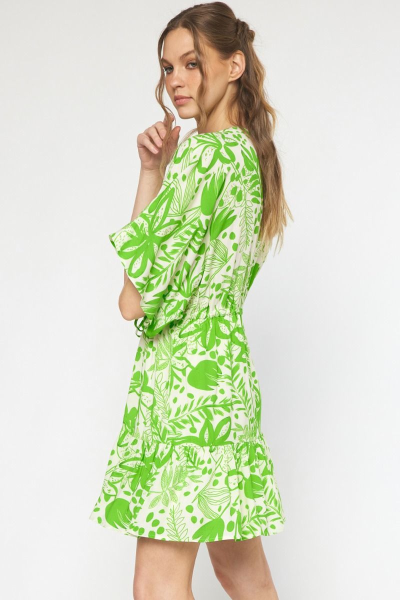 Green floral print v-neck 1/2 sleeve mini dress image 2