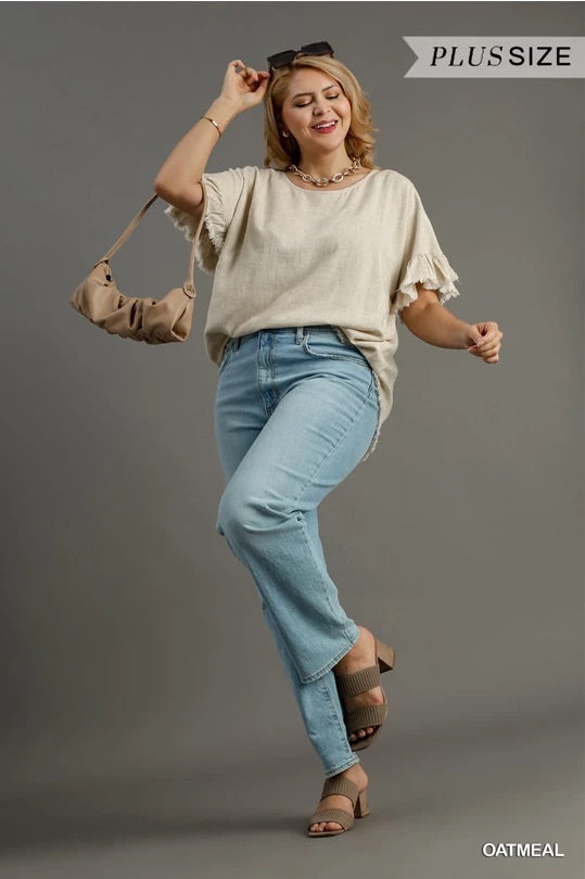 Oatmeal Color Linen Blend Round Neck Ruffle Sleeves Top image 1