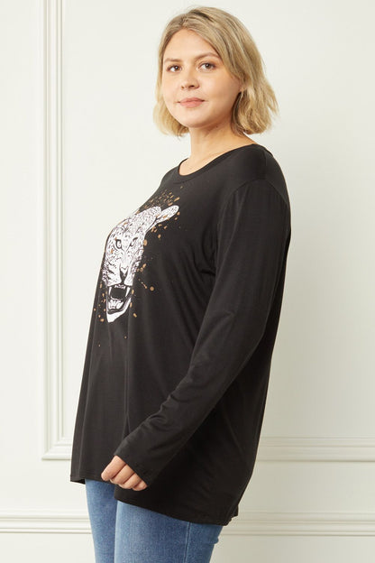 Black tiger print graphic scoop neck top image 1