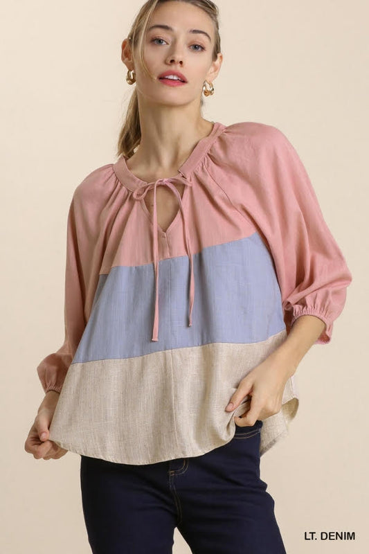 Linen Blend Colorblock Open Front Tie Top with Balloon Sleeve image 0