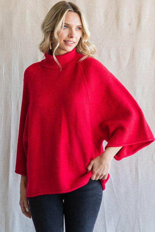 Solid 3/4 Red Dolman Sleeves Turtleneck Pullover image 0