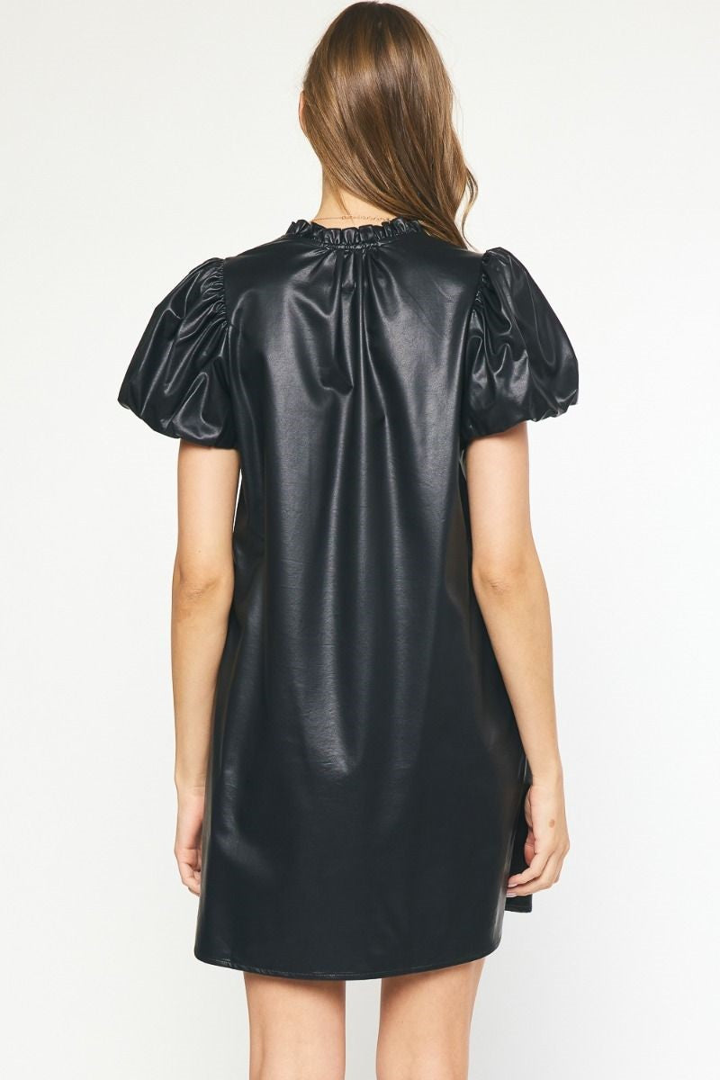Black Faux leather short sleeve v-neck mini dress image 3