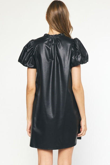 Black Faux leather short sleeve v-neck mini dress image 3