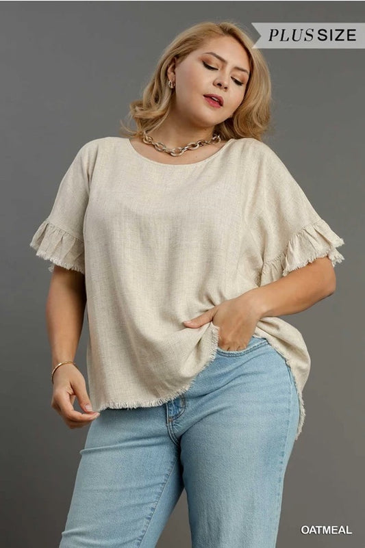 Oatmeal Color Linen Blend Round Neck Ruffle Sleeves Top image 0