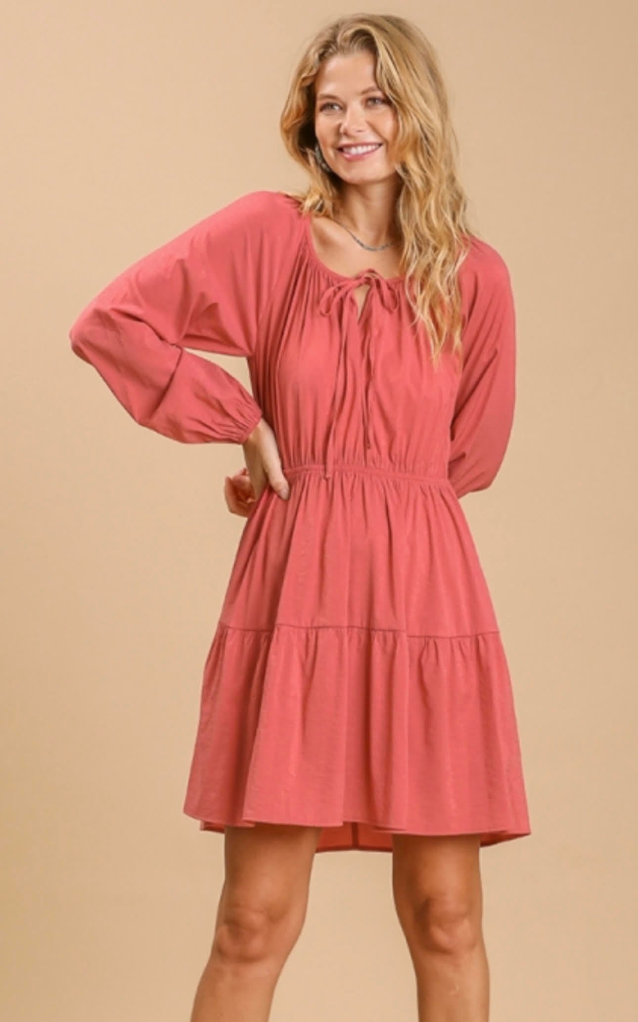 Salmon Eyelet Detail Tiered Dress 3/4 Sleeves with No Lining image 1