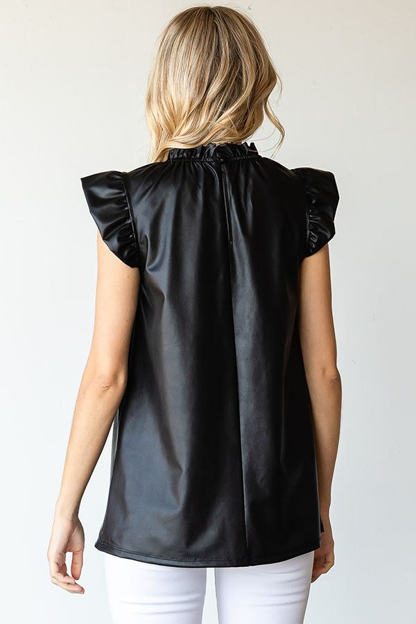 Faux Leather Ruffle Neck Flutter Sleeve Top image 1