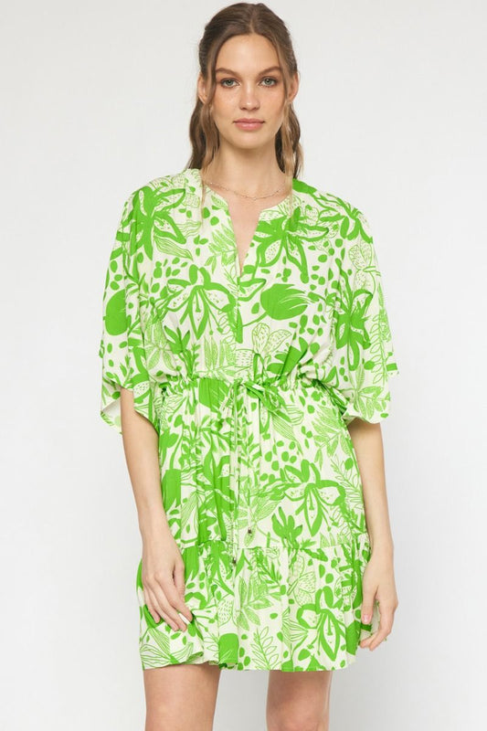 Green floral print v-neck 1/2 sleeve mini dress image 0