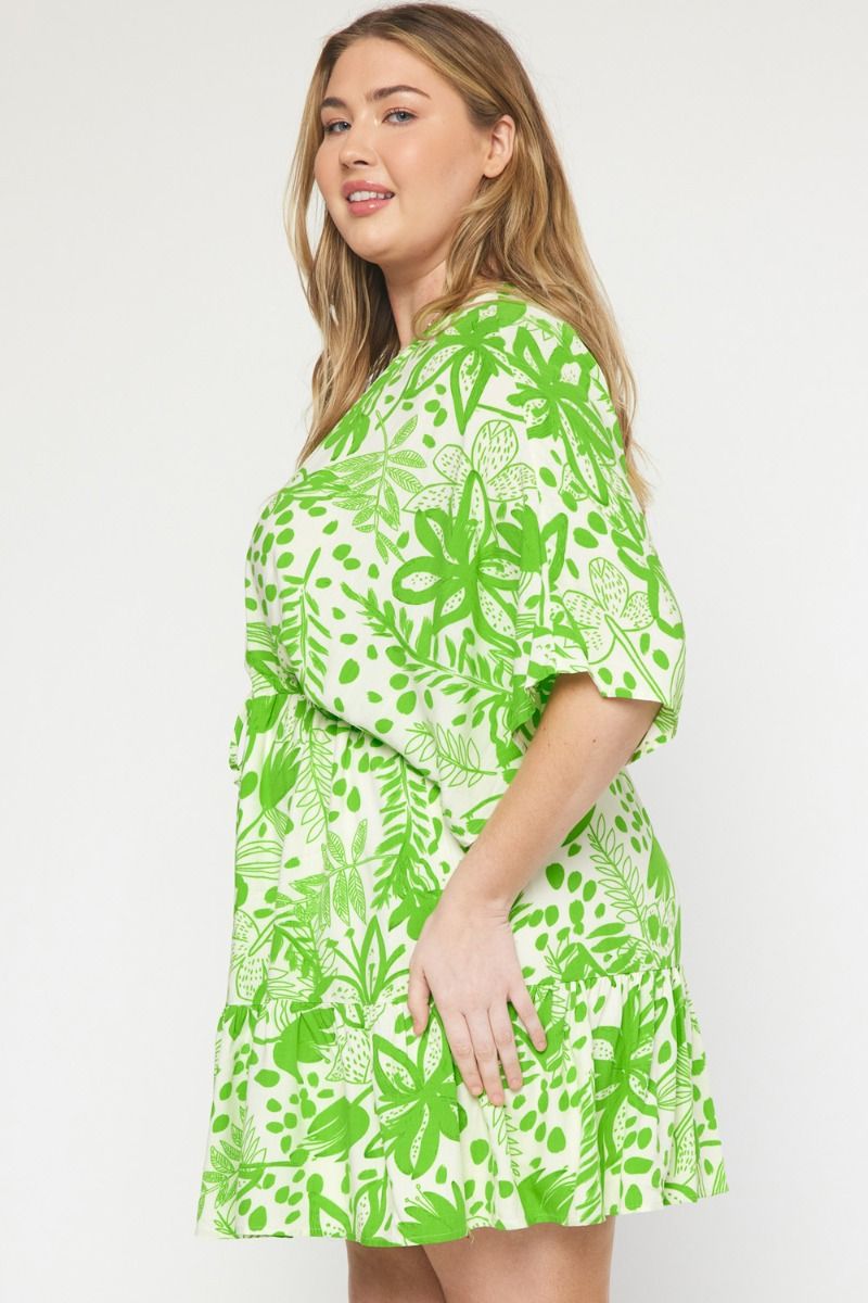 Green floral print v-neck 1/2 sleeve mini dress image 9