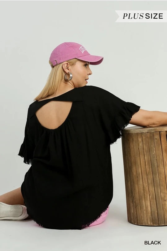 Black Linen Blend Round Neck Ruffle Sleeves Top image 3