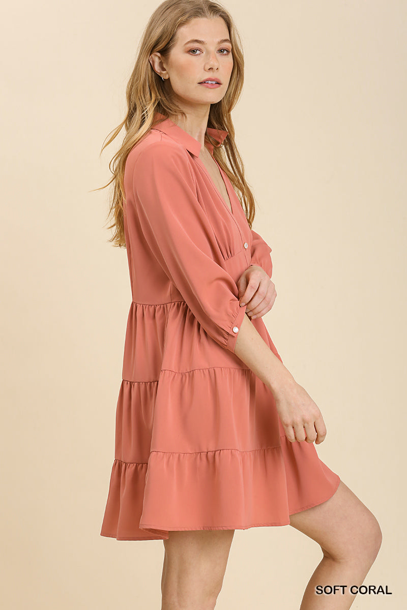 Soft Coral  Empire Waist Collared Button Up Tiered Dress image 3