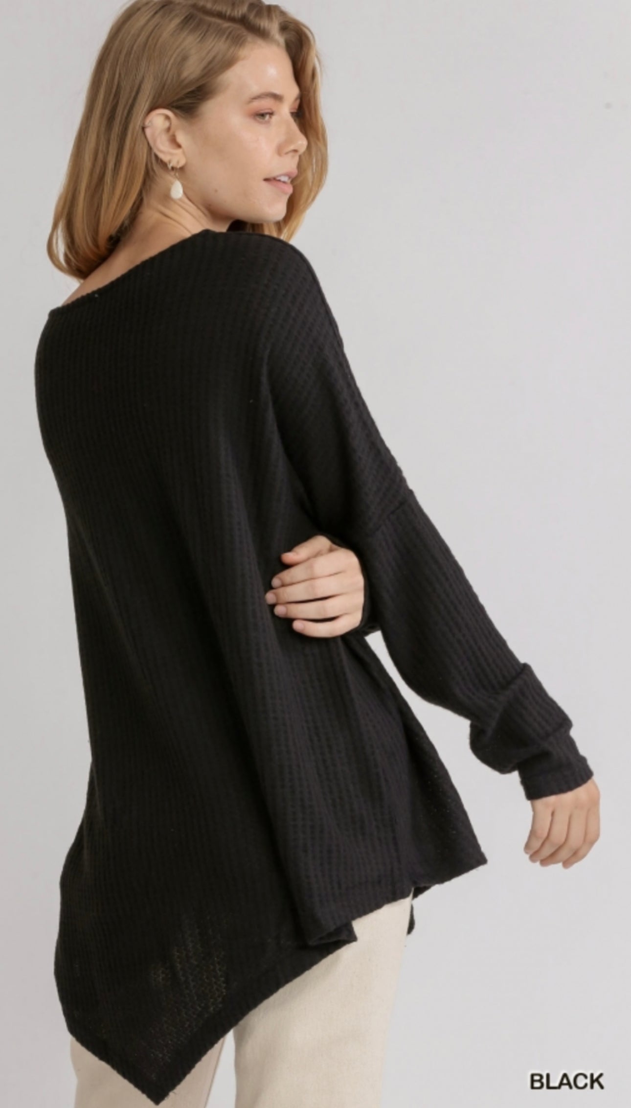 Black Waffle Knit Long Sleeve Round Neck Top with Asymmetrical Hem image 3