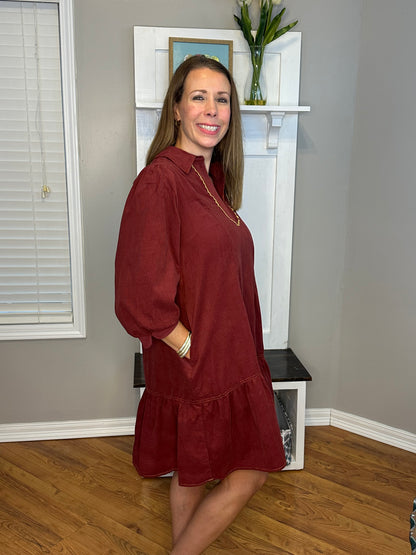 Umgee Corduroy Contrast Trim Tiered Babydoll Dress