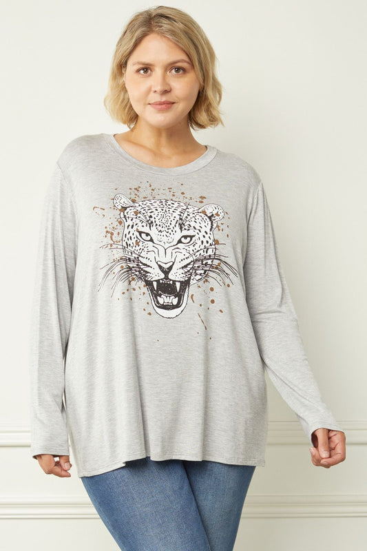 Grey tiger print graphic scoop neck top image 0