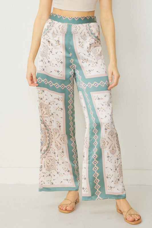 Satin print high waisted wife leg pants  image 0