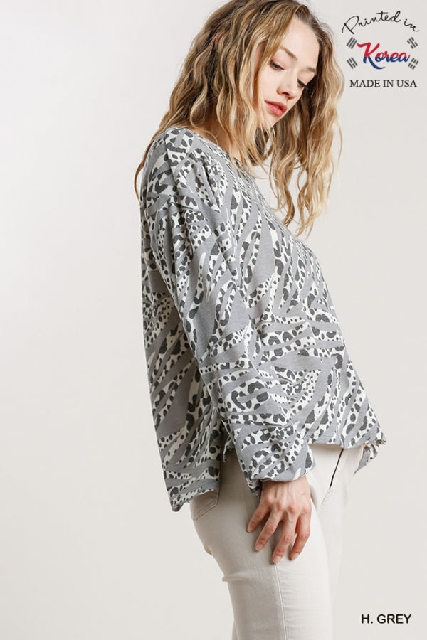 Grey French Terry Animal Print Round Neck Long Sleeve Top with Side Slits image 3