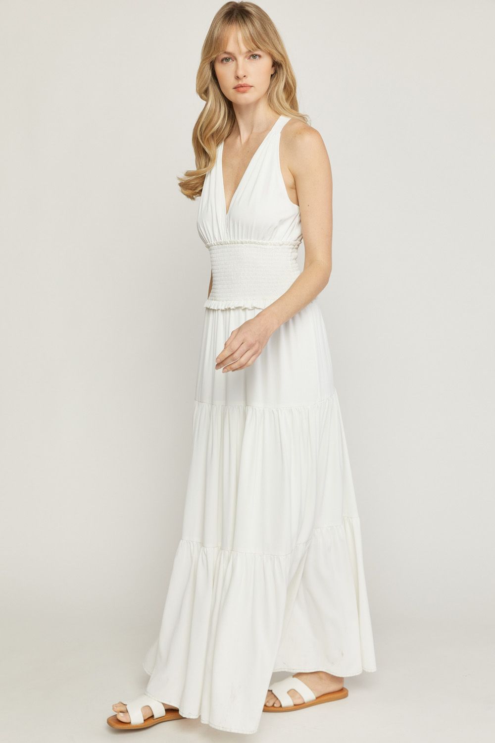 White solid v-neck sleeveless tiered maxi dress image 1